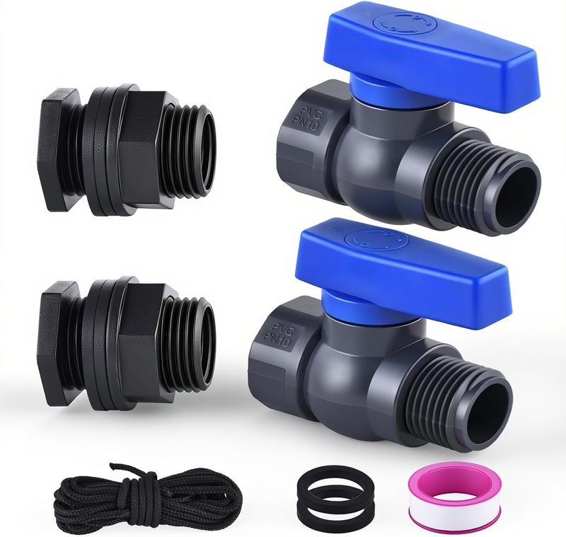 LUOFANT 2 Pack 3/4 Inch Rain Barrel Spigot Kit, PVC Garden Hose Shut Off Valve with Bulkhead Fitting, Rain Barrel Diverter Kit for Water Tanks, Aquariums, Garden Barrel - Image 1